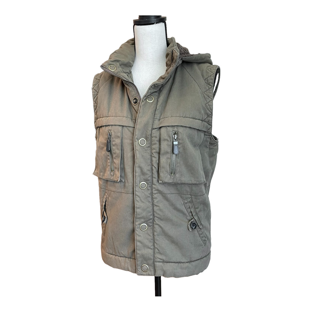NSF Womens Army Khaki Green Cargo Zip Snap Hooded Vest Sz S